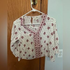 LA Hearts size, small cream, long sleeve blouse with maroon pattern- front tie